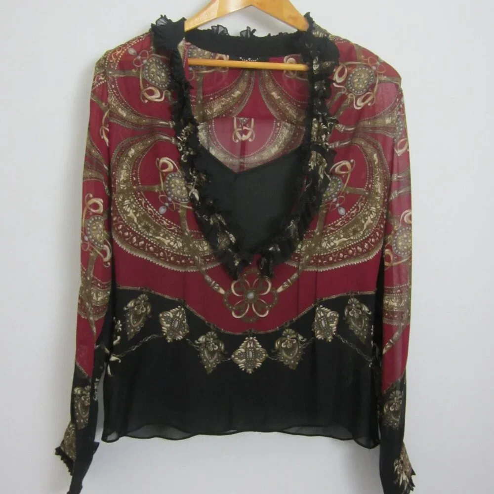 ECI New York Womens 8 Burgudy Purple Black Gold Silk LS V Neck Top Cami 2 Piece - Picture 8 of 9